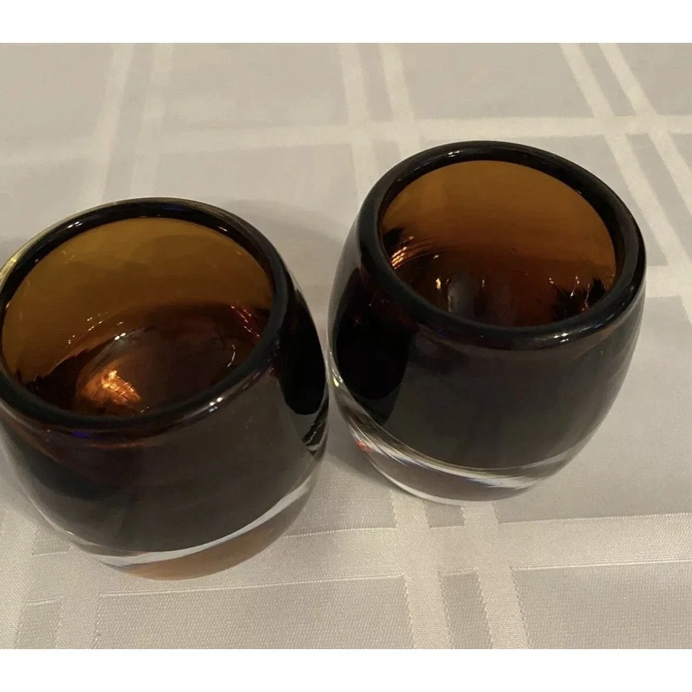 Crate and Barrel Amber Topaz Glass Diva Votive‎ Candle Holder-Poland Set 2